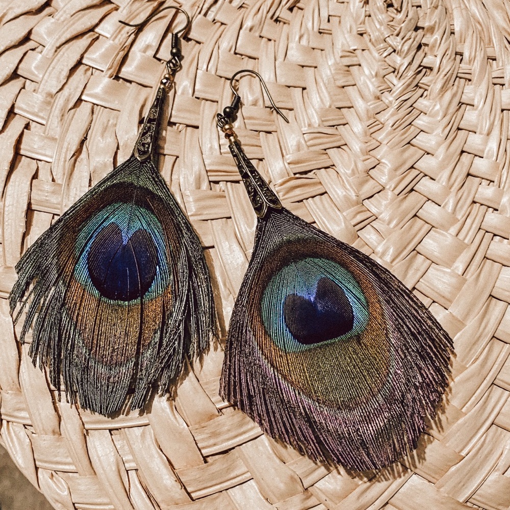 Peacock Feather Earrings Lightweight Silver Vintage Alloy Casing Dangle Jewelry